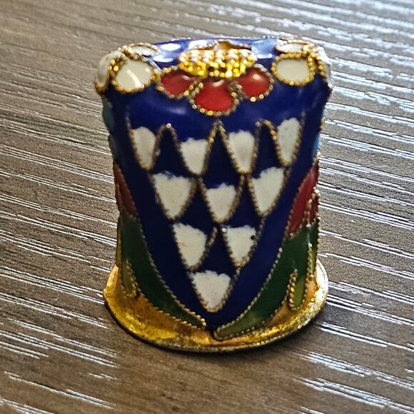 Vintage Cloisonne Gold Owl Thimble with Floral Design - Picture 3 of 8